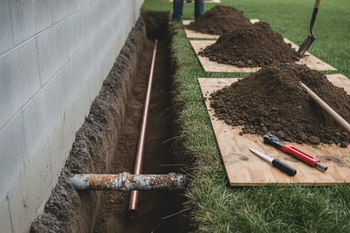 Excavated water line trench during Sewer Line Repair in Buffalo